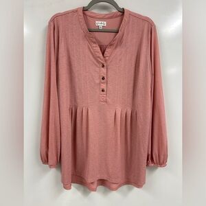 Wonderly Pink Long Sleeve Henley Tunic Top | Boho Peasant Blouse Size L